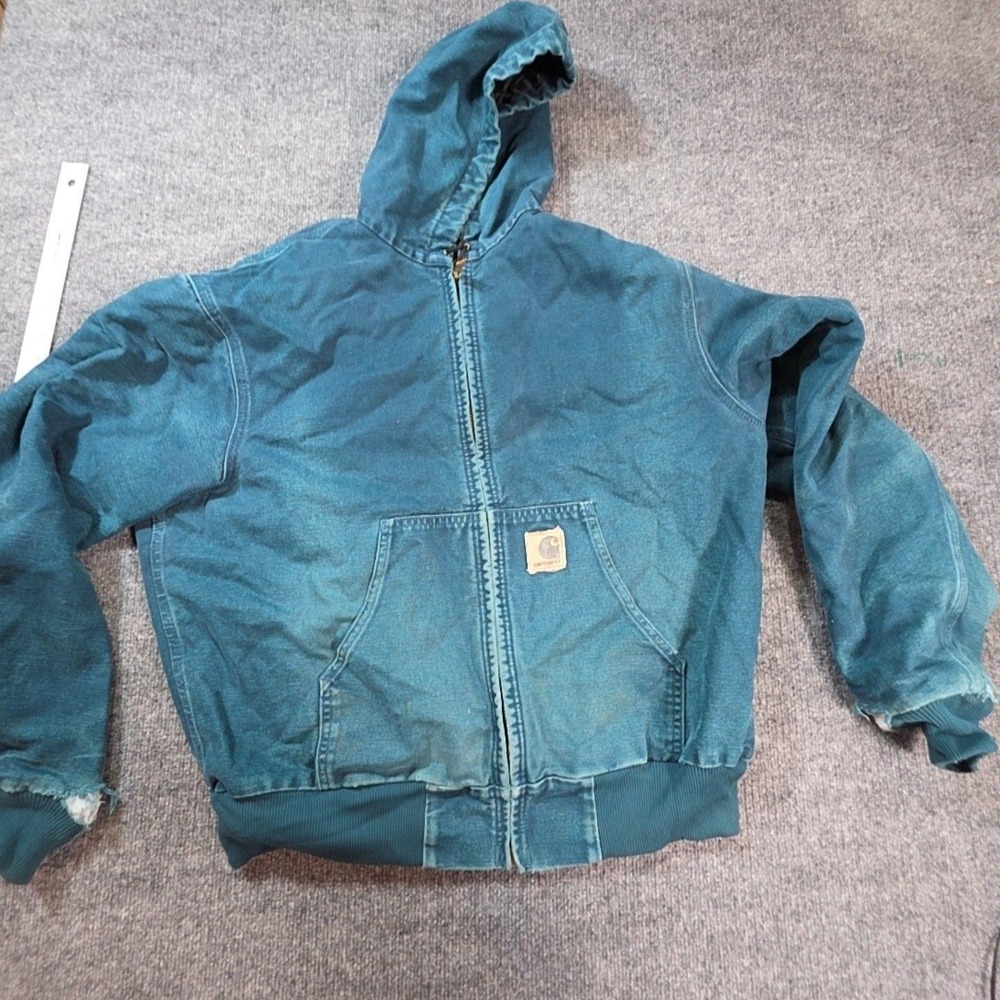 Carhartt Jacket Mens XL Blue Canvas Hooded Insulated Full Zip Bomber Workwear
